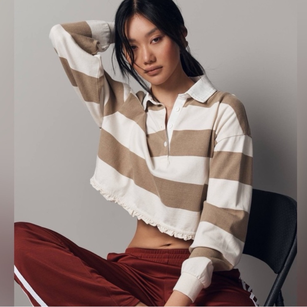 Duke Crop Ruffle Hem Rugby Stripe Polo Top